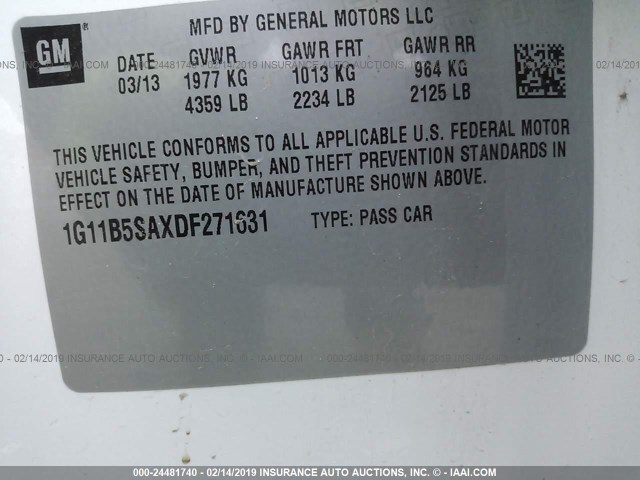 1G11B5SAXDF271631 - 2013 CHEVROLET MALIBU LS WHITE photo 9