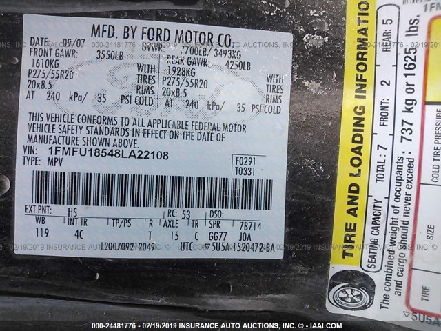 1FMFU18548LA22108 - 2008 FORD EXPEDITION EDDIE BAUER GRAY photo 9