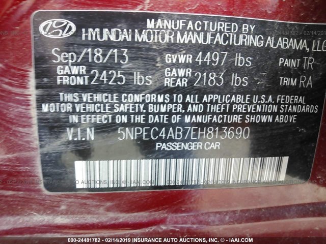 5NPEC4AB7EH813690 - 2014 HYUNDAI SONATA SE/LIMITED RED photo 9