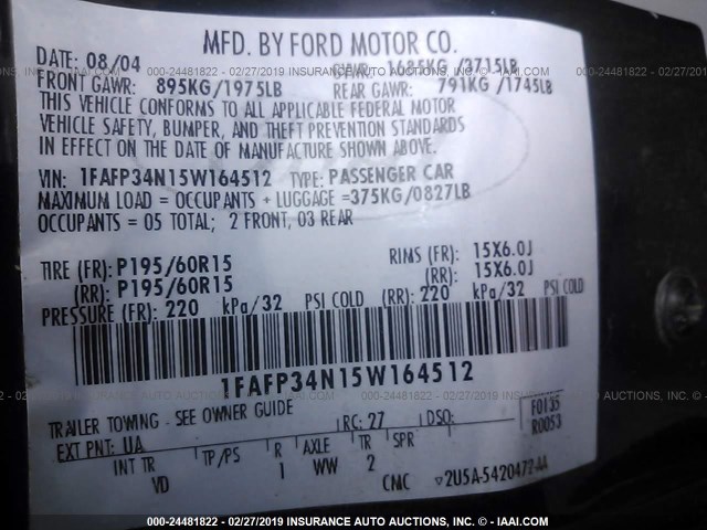 1FAFP34N15W164512 - 2005 FORD FOCUS ZX4 BLACK photo 9