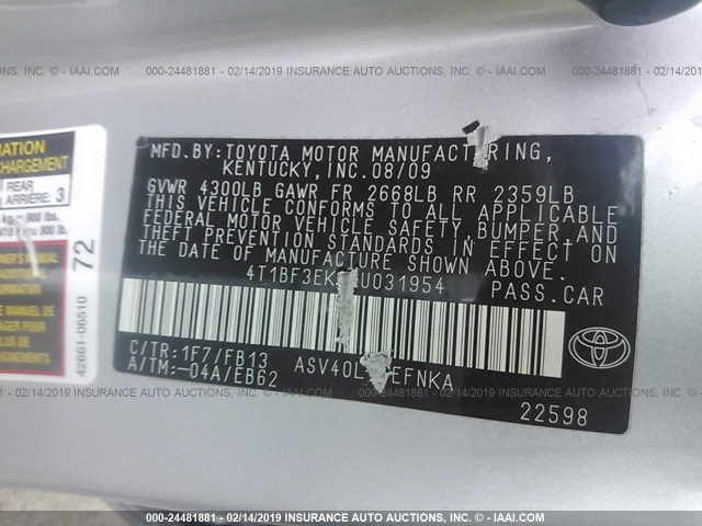 4T1BF3EK2AU031954 - 2010 TOYOTA CAMRY SE/LE/XLE 银色 照片 9