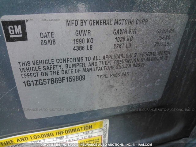 1G1ZG57B69F159809 - 2009 CHEVROLET MALIBU LS TEAL photo 9