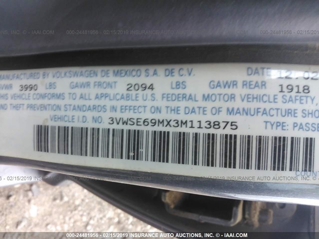 3VWSE69MX3M113875 - 2003 VOLKSWAGEN JETTA GLS GRAY photo 9