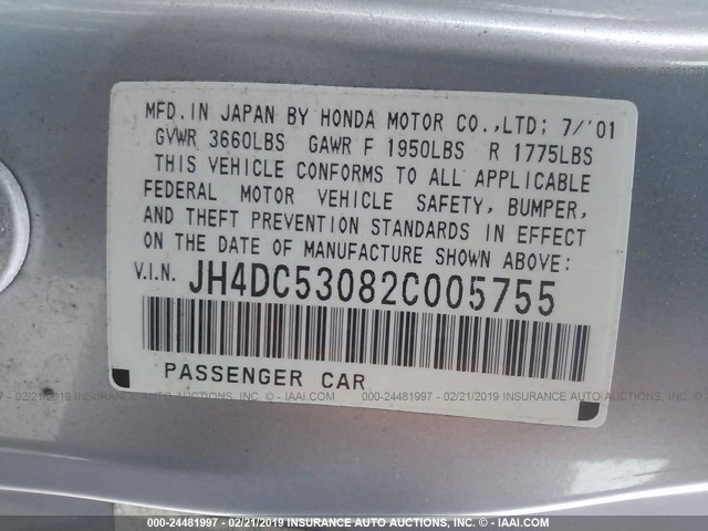 JH4DC53082C005755 - 2002 ACURA RSX TYPE-S SILVER photo 9