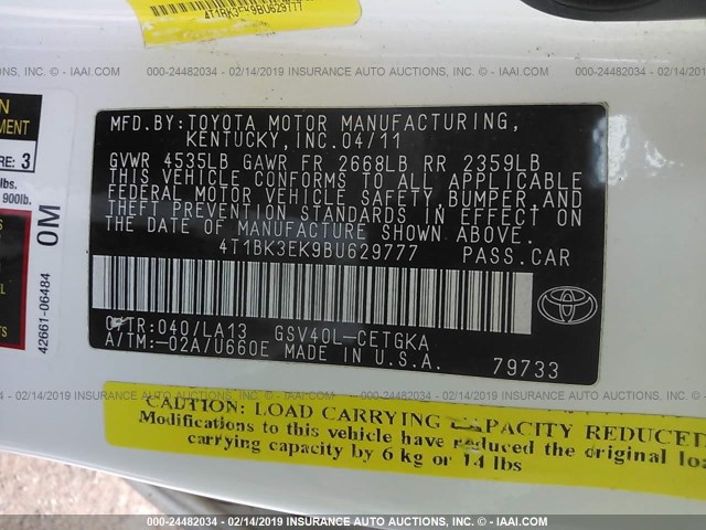 4T1BK3EK9BU629777 - 2011 TOYOTA CAMRY SE/LE/XLE 白色 照片 9