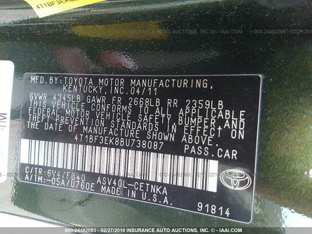 4T1BF3EK8BU738087 - 2011 TOYOTA CAMRY SE/LE/XLE 绿色 照片 9
