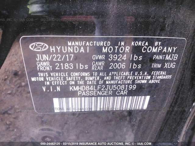 KMHD84LF2JU508199 - 2018 HYUNDAI ELANTRA SEL/VALUE/LIMITED BLACK photo 9