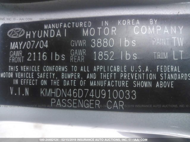 KMHDN46D74U910033 - 2004 HYUNDAI ELANTRA GLS/GT SILVER photo 9