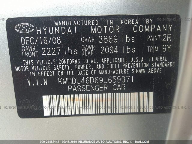 KMHDU46D69U659371 - 2009 HYUNDAI ELANTRA GLS/SE SILVER photo 9