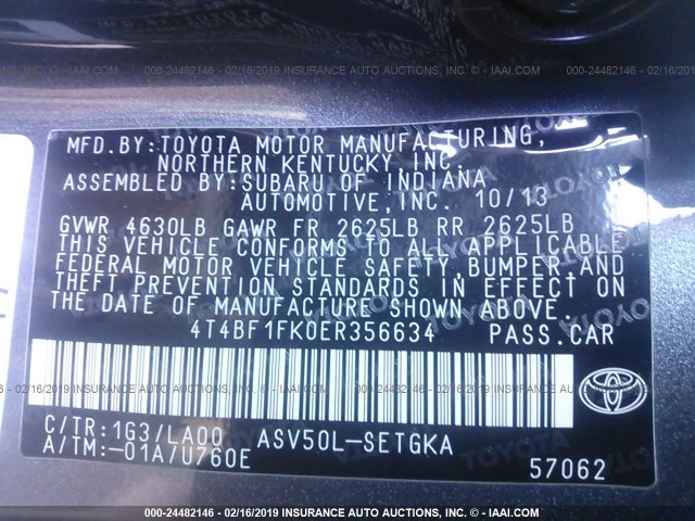 4T4BF1FK0ER356634 - 2014 TOYOTA CAMRY L/SE/LE/XLE 灰色 照片 9