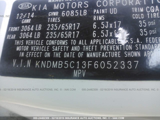 KNDMB5C13F6052337 - 2015 KIA SEDONA LX WHITE photo 9