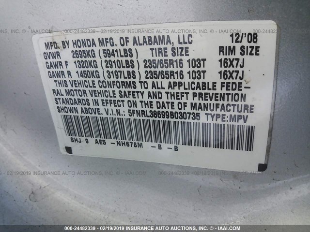 5FNRL38699B030735 - 2009 HONDA ODYSSEY EXL SILVER photo 9