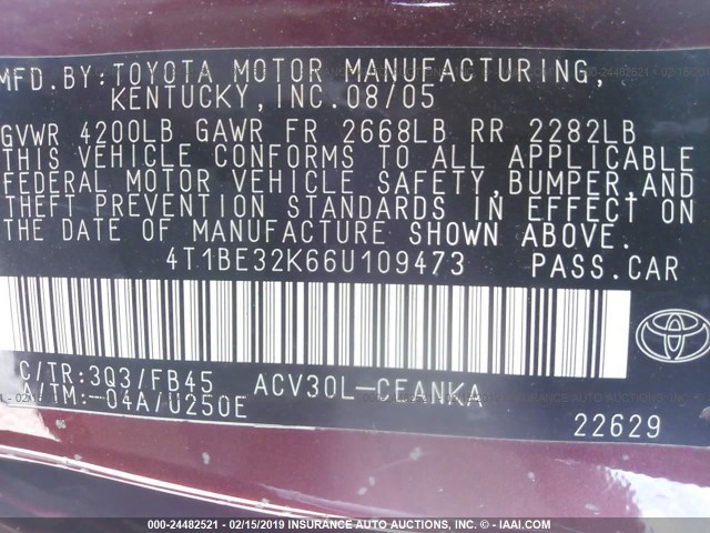 4T1BE32K66U109473 - 2006 TOYOTA CAMRY LE/XLE/SE MAROON photo 9