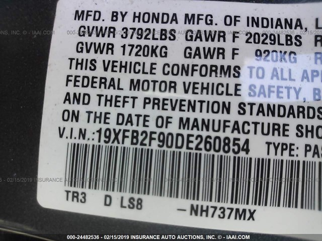 19XFB2F90DE260854 - 2013 HONDA CIVIC EXL GRAY photo 9