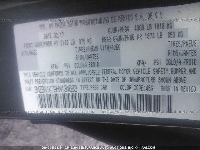 3MZBN1K79HM134683 - 2017 MAZDA 3 SPORT 灰色 照片 9