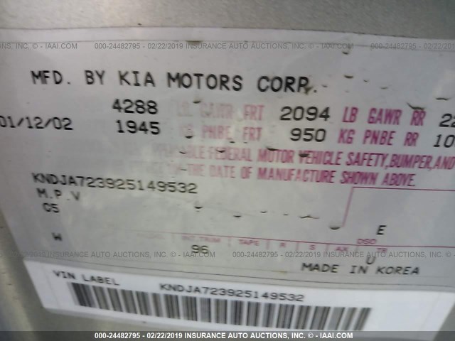 KNDJA723925149532 - 2002 KIA SPORTAGE SILVER photo 9