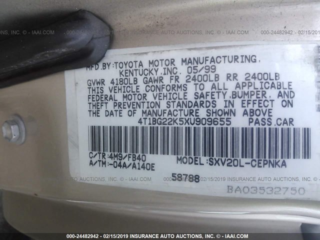 4T1BG22K5XU909655 - 1999 TOYOTA CAMRY CE/LE/XLE TAN photo 9