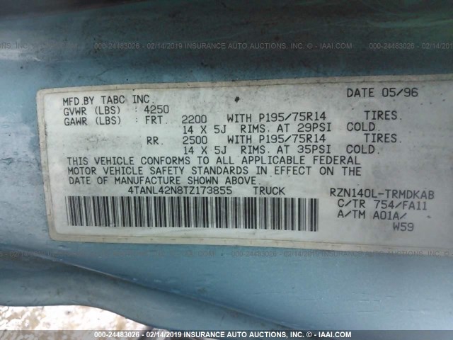 4TANL42N8TZ173855 - 1996 TOYOTA TACOMA Light Blue photo 9