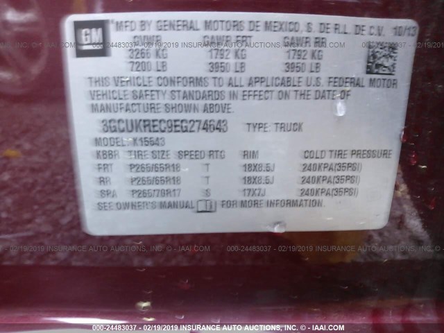 3GCUKREC9EG274643 - 2014 CHEVROLET SILVERADO K1500 LT MAROON photo 9