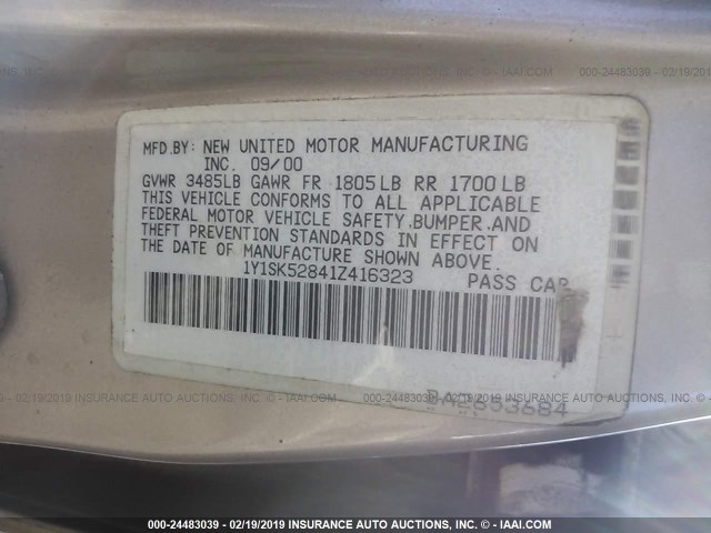 1Y1SK52841Z416323 - 2001 CHEVROLET GEO PRIZM LSI GRAY photo 9