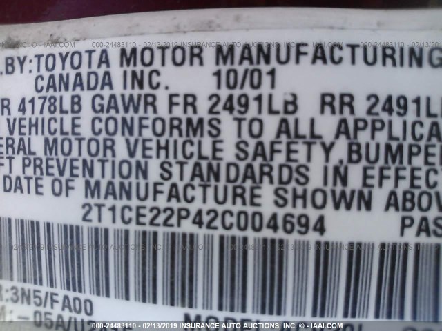 2T1CE22P42C004694 - 2002 TOYOTA CAMRY SOLARA SE RED photo 9