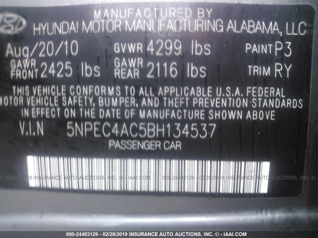 5NPEC4AC5BH134537 - 2011 HYUNDAI SONATA SE/LIMITED GRAY photo 9