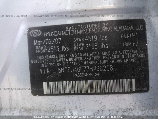 5NPEU46F77H296208 - 2007 HYUNDAI SONATA SE/LIMITED BLUE photo 9