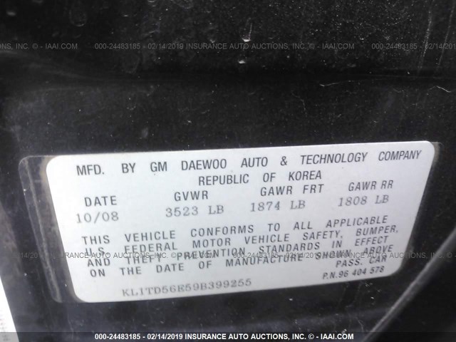 KL1TD56E59B399255 - 2009 CHEVROLET AVEO LS/LT BLACK photo 9