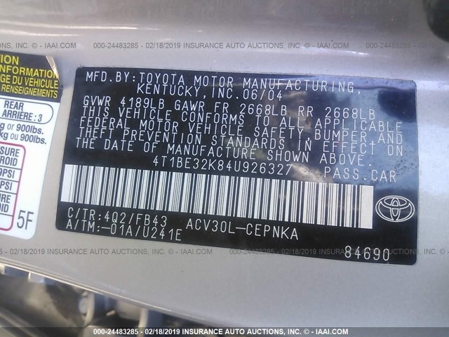 4T1BE32K84U926327 - 2004 TOYOTA CAMRY LE/XLE/SE TAN photo 9