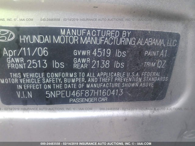 5NPEU46F87H160413 - 2007 HYUNDAI SONATA SE/LIMITED GOLD photo 9