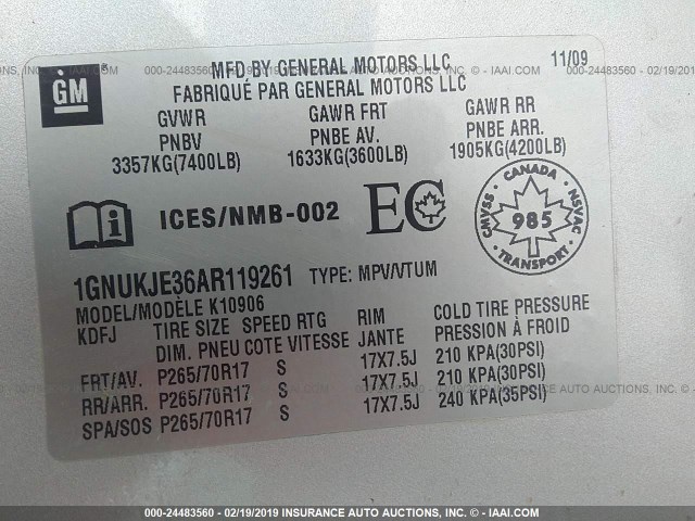 1GNUKJE36AR119261 - 2010 CHEVROLET SUBURBAN K1500 LT SILVER photo 9