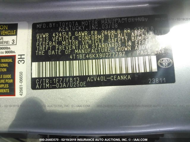 4T1BE46KX9U277797 - 2009 TOYOTA CAMRY SE/LE/XLE 银色 照片 9