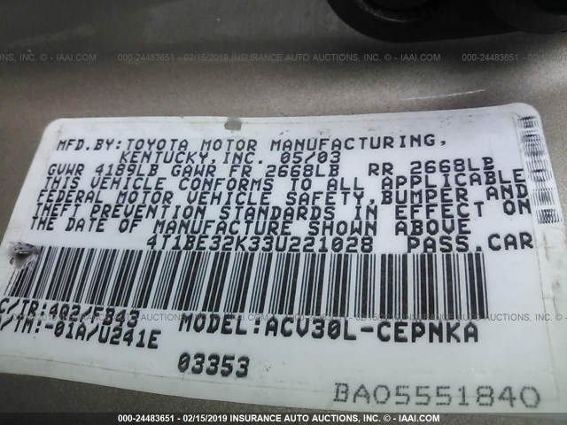 4T1BE32K33U221028 - 2003 TOYOTA CAMRY LE/XLE/SE GOLD photo 9