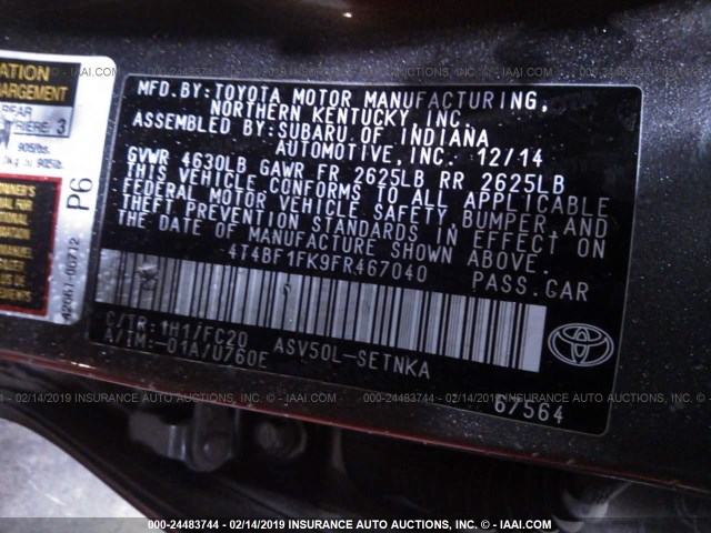 4T4BF1FK9FR467040 - 2015 TOYOTA CAMRY LE/XLE/SE/XSE GRAY photo 9