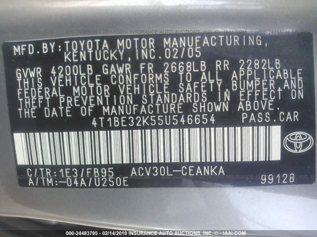 4T1BE32K55U546654 - 2005 TOYOTA CAMRY LE/XLE/SE GRAY photo 9