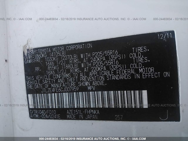 JTLZE4FE6CJ007959 - 2012 TOYOTA SCION XB 白色 照片 9