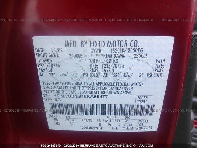 1FMCU04G49KA85477 - 2009 FORD ESCAPE LIMITED RED photo 9