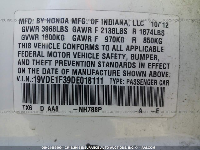 19VDE1F39DE018111 - 2013 ACURA ILX 20 WHITE photo 9