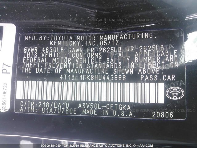 4T1BF1FK8HU443888 - 2017 TOYOTA CAMRY LE/XLE/SE/XSE შავი ფოტო 9