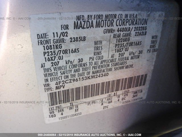 4F2CZ96153KM24340 - 2003 MAZDA TRIBUTE ES SILVER photo 9