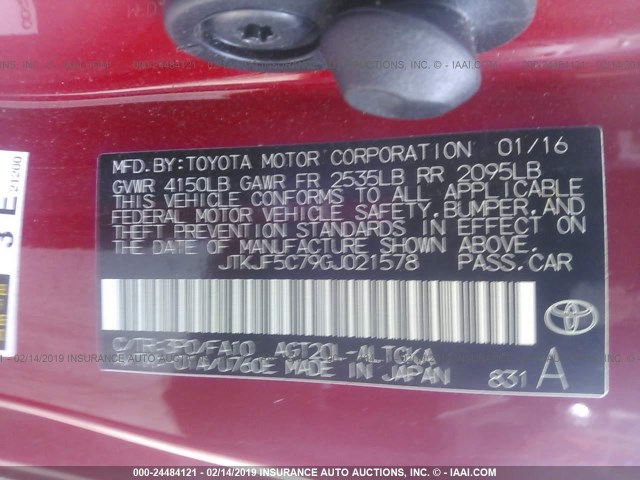 JTKJF5C79GJ021578 - 2016 TOYOTA SCION TC წითელი ფოტო 9