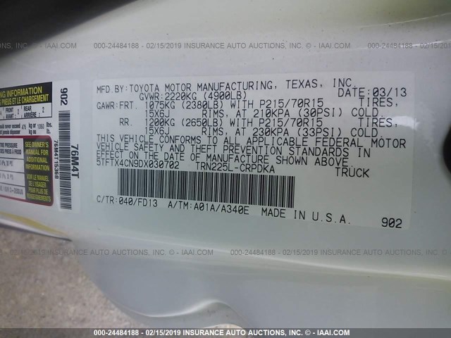 5TFTX4CN9DX030702 - 2013 TOYOTA TACOMA ACCESS CAB თეთრი ფოტო 9