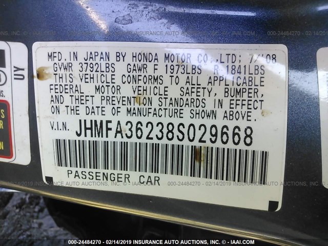 JHMFA36238S029668 - 2008 HONDA CIVIC HYBRID Dark Blue photo 9