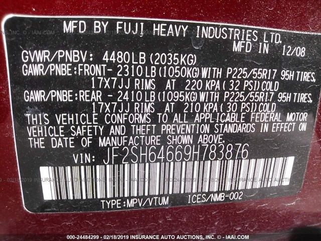 JF2SH64669H783876 - 2009 SUBARU FORESTER 2.5X LIMITED RED photo 9