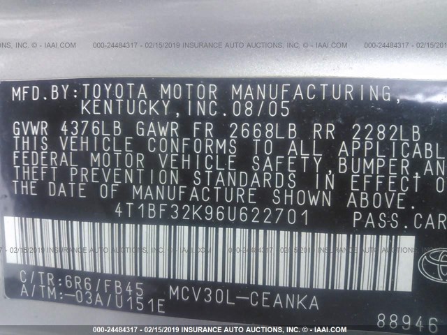 4T1BF32K96U622701 - 2006 TOYOTA CAMRY LE/XLE/SE SILVER photo 9