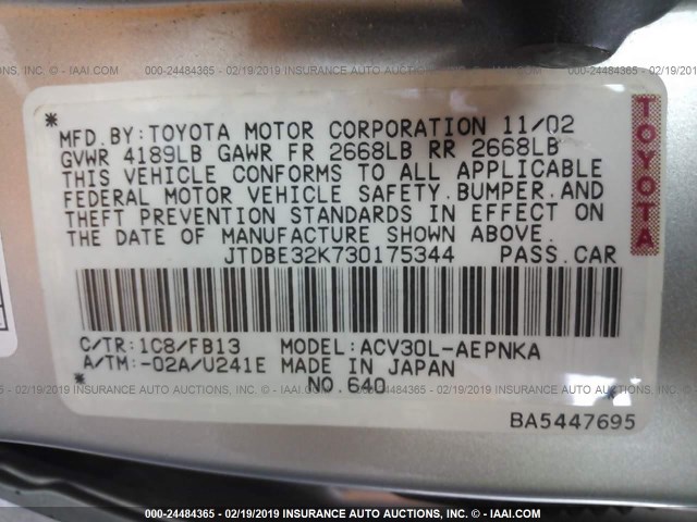 JTDBE32K730175344 - 2003 TOYOTA CAMRY LE/XLE Gümüş foto 9