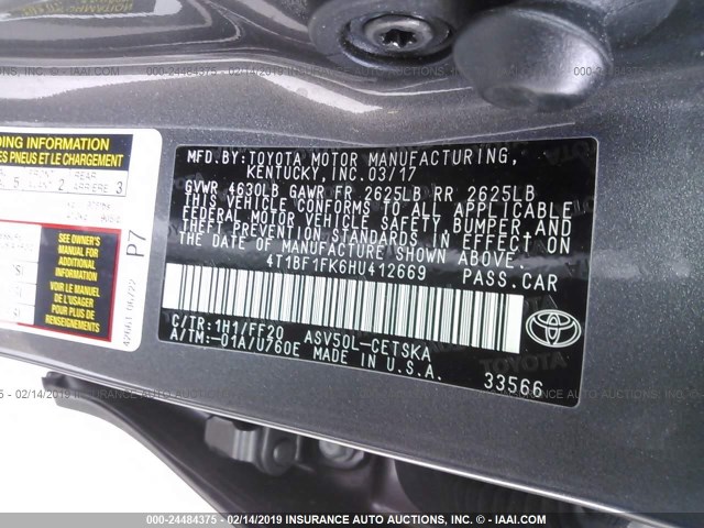 4T1BF1FK6HU412669 - 2017 TOYOTA CAMRY LE/XLE/SE/XSE ნაცრისფერი ფოტო 9