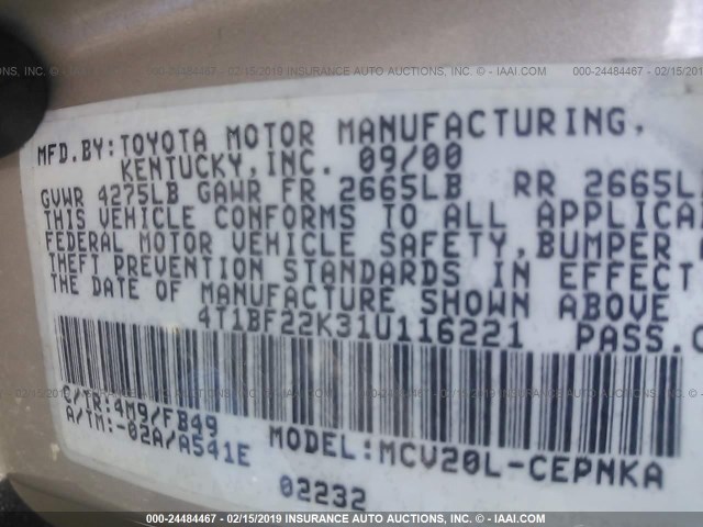 4T1BF22K31U116221 - 2001 TOYOTA CAMRY LE/XLE Алтын фото 9