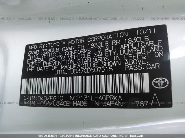 JTDJTUD37CD507515 - 2012 TOYOTA YARIS WHITE photo 9