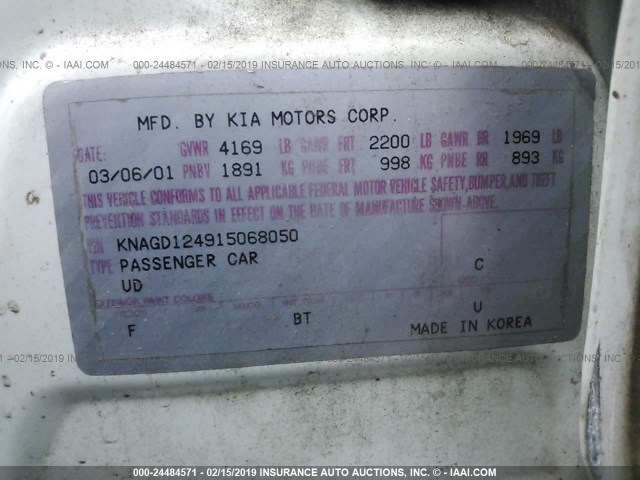 KNAGD124915068050 - 2001 KIA OPTIMA MAGENTIS/LX/SE WHITE photo 9